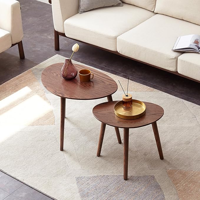 100% Solid Oak Wood Nesting Coffee Table,Mid Century Modern Oval Coffee Tables Set, Round Tables for Living Room, Pebble Side Table for Balcony (Walnut, Combine)
