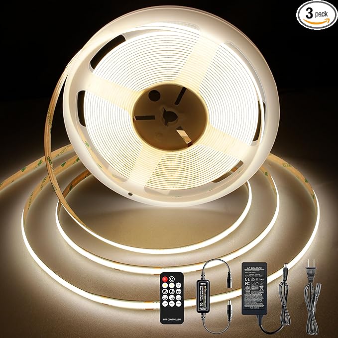 LED Strip Lights 32.8FT,Dimmable cob led Strip with Adapter and Remote,24V Strip Lights CRI90+ 8mm Wide 3840leds,Natural White 4000K Indoor led Tape,Perfect for Cabinet,Room,Kitchen,TV