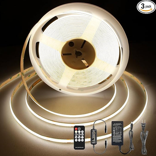 LED Strip Lights 32.8FT,Dimmable cob led Strip with Adapter and Remote,24V Strip Lights CRI90+ 8mm Wide 3840leds,Natural White 4000K Indoor led Tape,Perfect for Cabinet,Room,Kitchen,TV