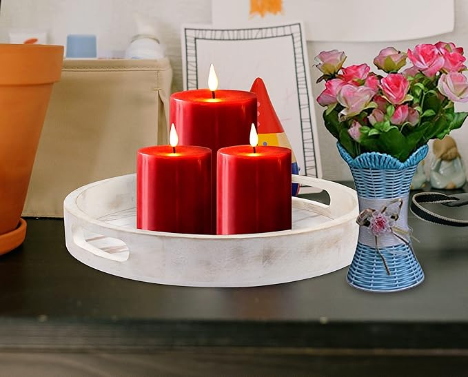 Decorative Coffee Table Tray, Set of 2 White, Wooden Round Serving Tray for Living Room, Wood Ottoman or Side Table, Charcuterie Board Cheese Platter, Fruit Baskets, White Distress, 12x12x1.5