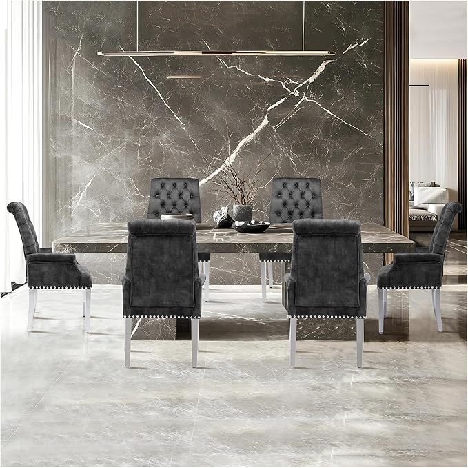 AODCHR Upholstered Velvet Accent Dining Chair, Elegant Tufted Dining Room Kitchen Room Arm Chair with Stainless Steel Leg, Dark Grey