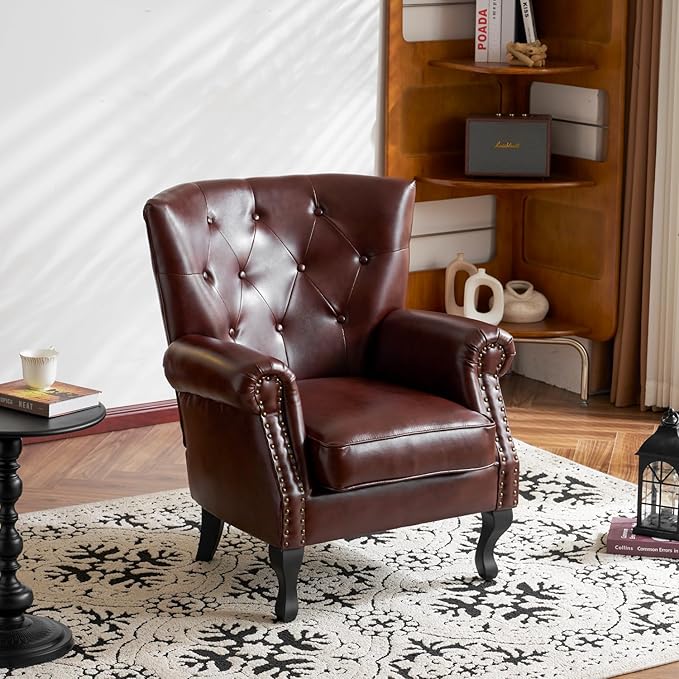 MOJAY PU Leather Accent Chair, Mid-Century Modern Armchair Living Room Club Chair with Tufted Button & Rivet Trim, Upholstered Sofa Chair with Sturdy Wood Legs for Bedroom (Reddish Brown)