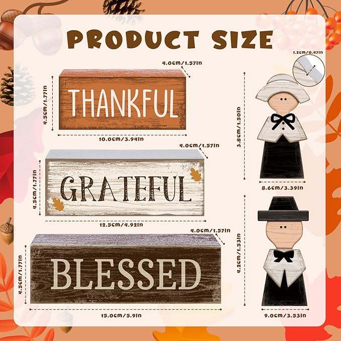 4 Pcs Fall Table Decor Pilgrim Couple Wooden Sign Thanksgiving Tiered Tray Decor Fall Centerpiece Rustic Decorative Pilgrim Block Signs Gift Farmhouse Autumn Decoration for Home Kitchen