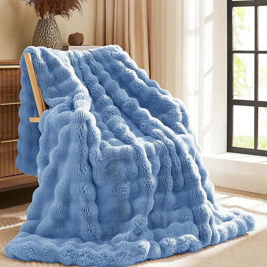 L'AGRATY Faux Fur Throw Blanket: 50" x 60" Luxury Soft Fluffy Rabbit Fur Blankets Twin for Couch Bed Sofa - Cozy Plush Bubble Blankets for Winter: Flannel Fleece Decorative Blanket(Airy Blue)