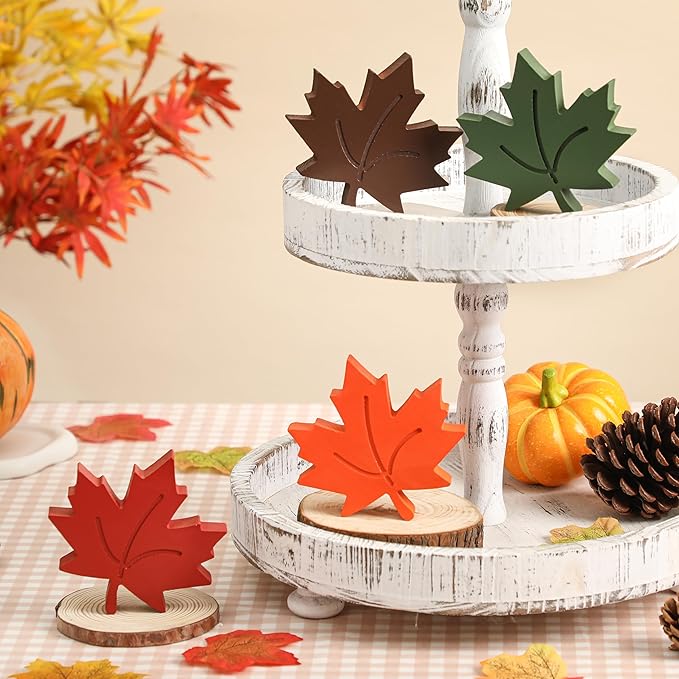 Amorita 4pcs Fall Leaves Decorations Farmhouse Thanksgiving Table Decor Centerpiece Wooden Maple Leaf Signs Block for Autumn Harvest Tiered Tray Party Shelf Display