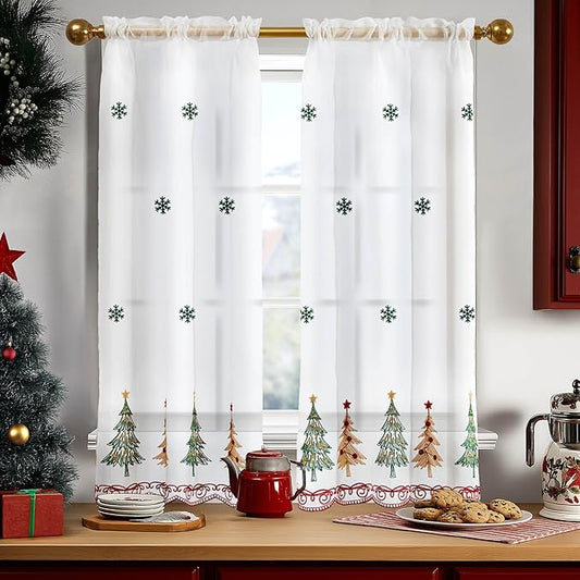 Deconovo Christmas Kitchen Tier Curtains, Embroidered Cafe Tiers, Semi Sheer Window Treatment with Rod Pocket, Light Filtering for Small Windows, Door & Sink Areas, 28W x 45L, Tree, 2 Panels
