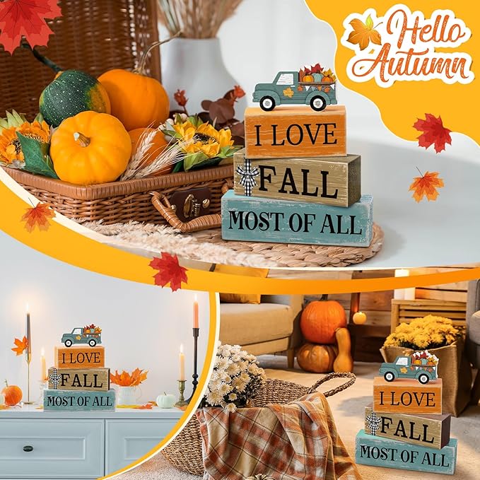 4 Pcs Fall Decoration for Home Fall Truck Decor Autumn Tiered Tray Decor Rustic Wooden Truck Block Sign Gift Thanksgiving Centerpiece Autumn Table Decorations for Harvest Party Kitchen Home