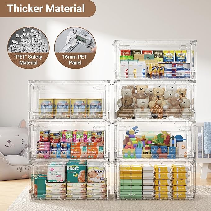 BROVIEW Clear Stackable Storage Bin Drawer, 80Qt Open Front Large Plastic Storage Bins with Lid and Wheels, Foldable Closet Organizer and Storage for Wardrobe Cabinet, Pantry, Makeup,1 Pack