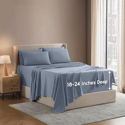 Nestl Extra Deep King Sheet Set - 6 Piece Breathable & Cooling Sheets - Hotel Luxury Bedding Set w/18-24 Inch Deep Pockets - Easy & Secure Fit - Super Soft, Wrinkle Free & Comfy - Stone Blue