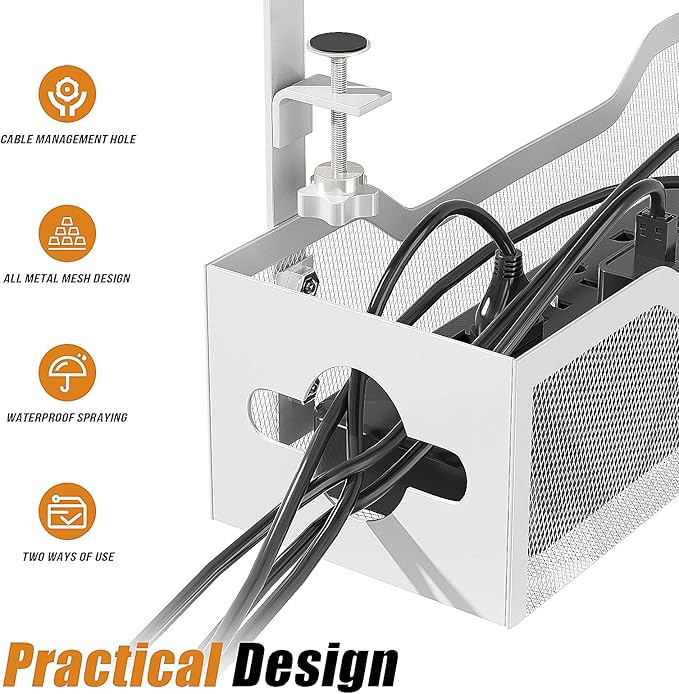 Under Desk Cable Management Tray 13.38", Quszmd Cable Organizer No Drill, Standing Cord Organizer and Wire Management Tray - No Damage to Desk, White