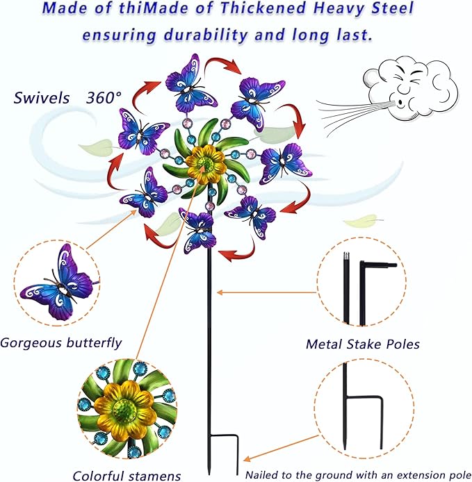 39" Butterfly Wind Spinner for Yard and Garden Stake,Outdoor Metal Windmill,Single Direction Wind Sculptures, Kinetic Windmills for Garden Decorations.