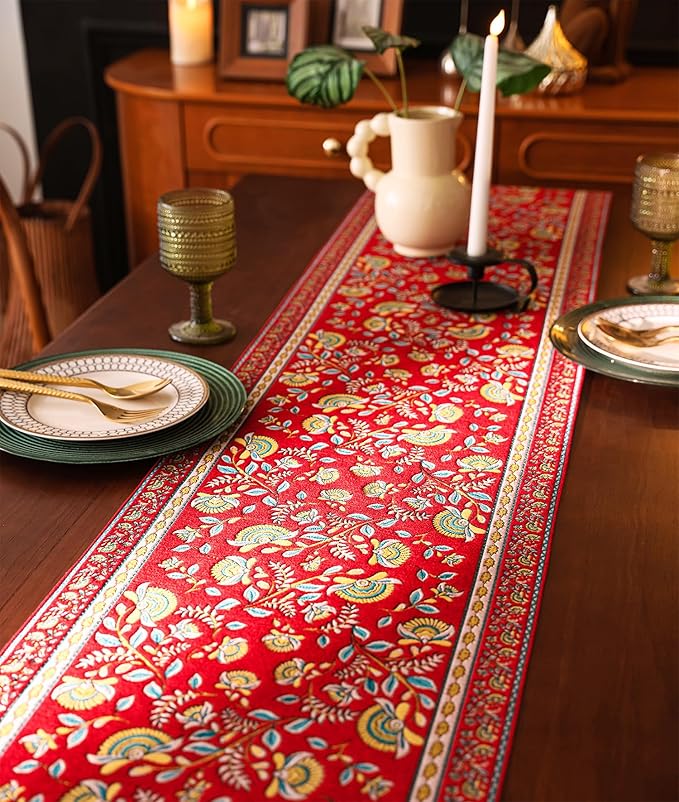 13×72 Inch Table Runner, Retro-Luxury Tassels Series for Kitchen Dining Table Holiday Decoration (Red Branch)