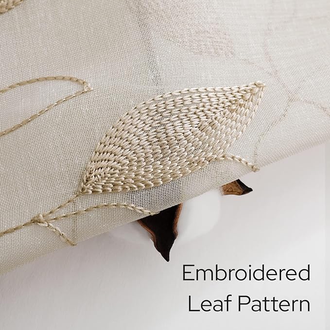 HOMEIDEAS Taupe Sheer Kitchen Curtains 30 X 24 Inch Length 2 Panels Beige Embroidered Leaf Pattern Short Curtains for Small Window Valance Tiers