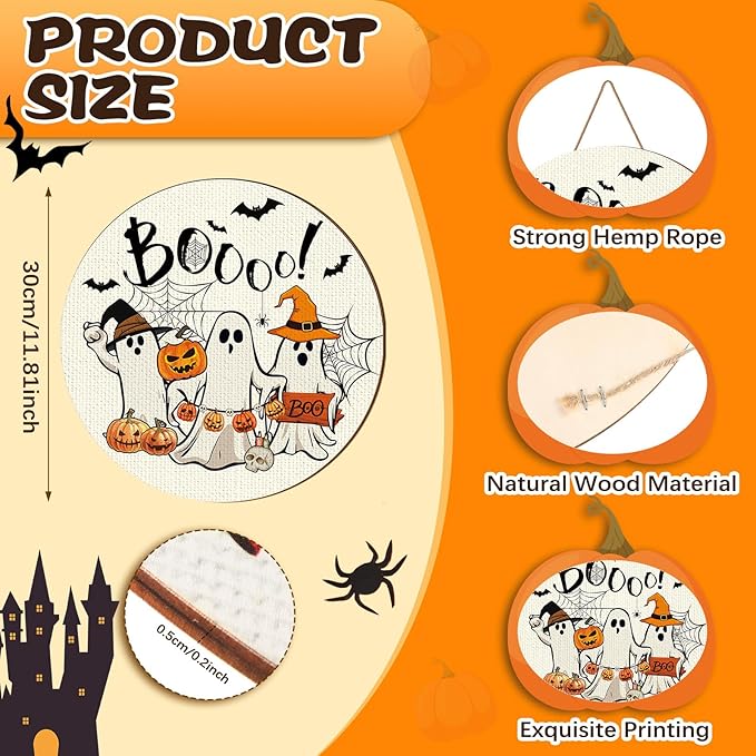 3 Pcs Happy Halloween Door Decorations Halloween Wreath Cute Ghost Pumpkin Front Door Decor Bat Hat Welcome Hanging Sign Wooden Front Hanger for Farmhouse Wall Indoor Home Decor