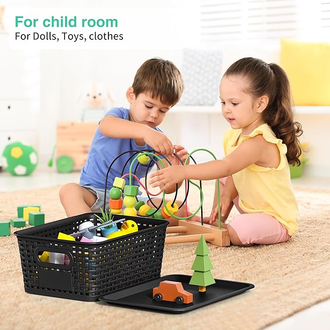 8-Pack Black Plastic Storage Baskets with Lids, Label Organizers, Stackable Organizer Containers: For Organizing Shelves, Drawers, Desk Closets, Playrooms, Classrooms, Offices