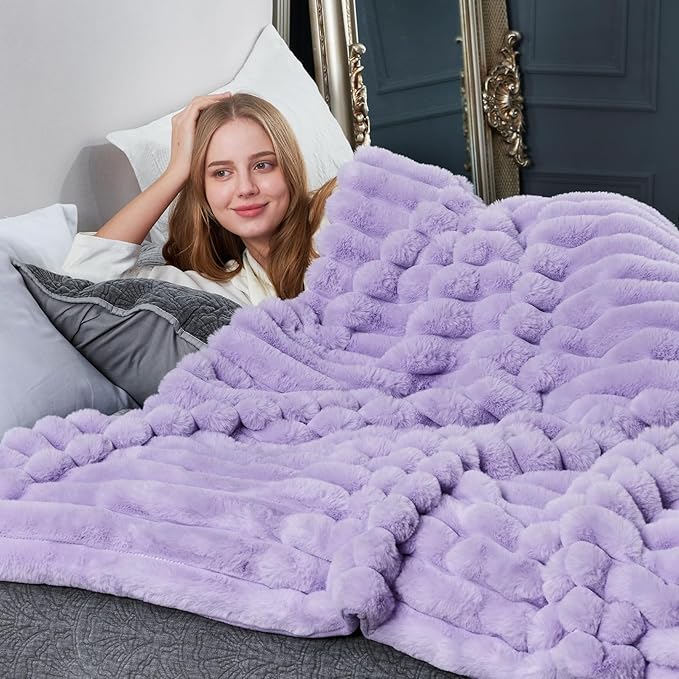 Cozy Bliss Faux Fur Throw Blanket for Couch, Cozy Warm Plush Striped Blanket for Sofa Bedroom Living Room, 60 * 80 Inches Lavender