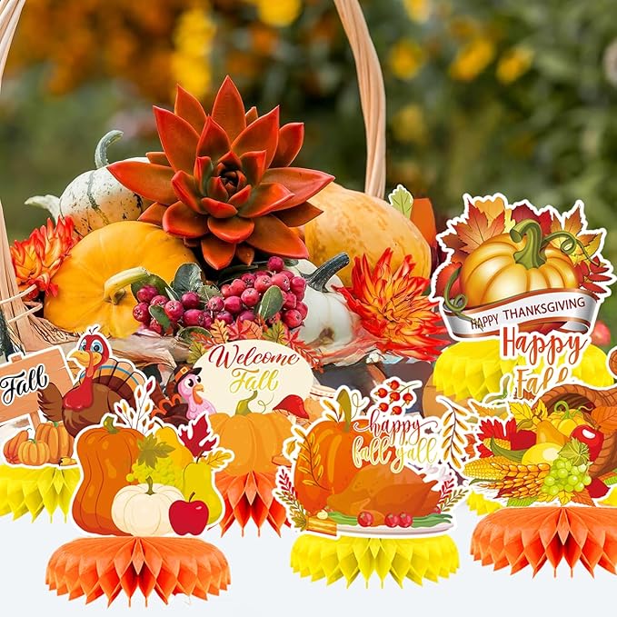 9Pcs Fall Centerpiece Table Decorations Fall Party Decorations Thanksgiving Table Centerpiece Turkey Centerpiece Pumpkin Honeycomb for Thanksgiving Table Decoration Autumn Birthday Party Supplies