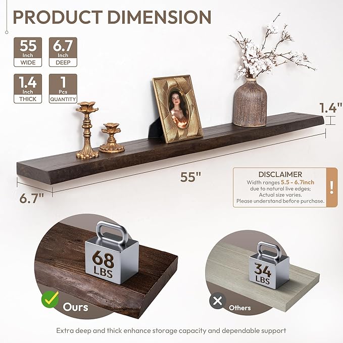 Marsmiles 55 inch Floating Shelves for Wall Elm Wood Live Edge Shelves Wall Mounted|Rustic Long Floating Shelves with Invisible Bracket for Bathroom Living Room Kitchen|Walnut, 1 Pack