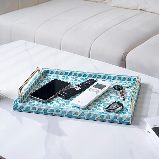 PEMAR Capiz Shell Decorative Tray with Gold Handles – 15.7"x11.8" Rectangular Display & Serving Tray for Vanity, Dresser, Bathroom (Teal Floral)