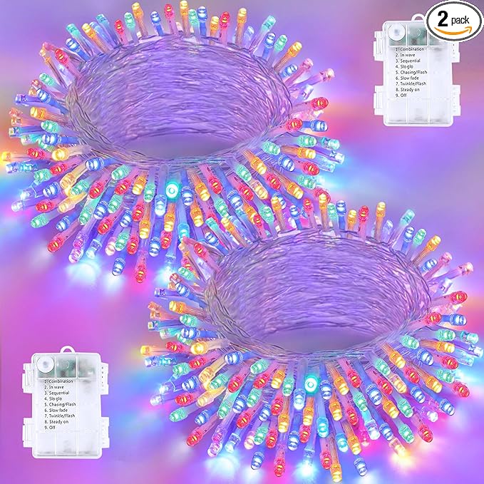 2 Pack String Lights Battery Operated with Timer, 66FT 200 LED Waterproof Battery Twinkle Lights, 8 Modes Fairy Light for Indoor & Outdoor Party Bedroom Garland Tree Christmas Decorations (Multicolor)