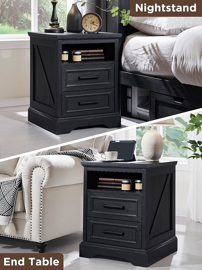 18" Farmhouse Nightstand Set of 2 with Charging Station,End Table with 2 Drawers Storage,Side Table,Bedside Cabinet for Bedroom,Living Room, Black