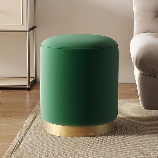 DAGONHIL Modern Round Velvet Ottoman,Upholstered Make-up Short Foot Stools with Gold Plating Base,Pack of 1,Green