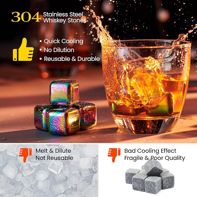 Kollea Whiskey Stones, 8 PCS Multicolor Stainless Steel Whiskey Chilling Rocks, Reusable Ice Cubes for Bottle Drinking, for Men Dad, Boyfriend, Bourbon, Cocktail Bar, Fathers, Anniversary