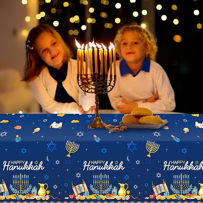 6 Pack Happy Hanukkah Plastic Jewish Tablecloth, Rectangular 58x104 Inch - Chanukah Festival Cover & Backdrop for Hanukkah Party Supplies