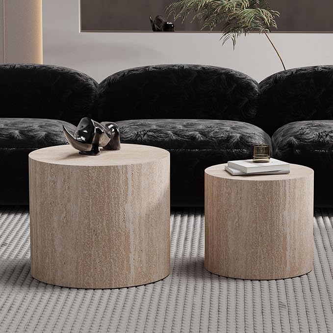 Round Nesting Coffee Table Set of 2 Travertine Round Drum Fluted Coffee Tables for Small Space Modern Stacking Nesting Tables Minimalist Circle Center Table 2 Piece for Living Room (Travertine)