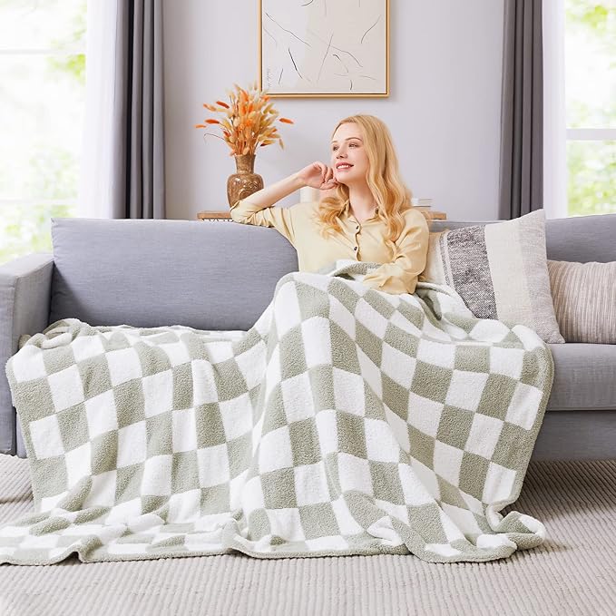 WRENSONGE Checkered Throw Blanket, Sage Green Soft Cozy Fluffy Warm Hand Made Throw Blankets for Couch, Sofa, Chair, Bed, Camping, Picnic, Travel Lightweight Bed Blanket - 60"*80"