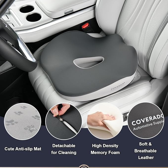 Coverado Car Seat Cushion with Memory Foam, Ergonomic Driving Seat Cushion for Sciatica, Tailbone, Back Pain Relief, Premium Non-Slip Washable Cushion for Car, Driver, Office, Wheelchair