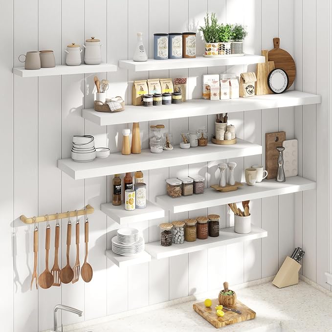 Floating Shelves for Wall with Invisible Brackets, Wall Mounted Engineered Wood Shelves with Wood Grain for Living Room, Bedroom, Bathroom, Kitchen Decor and Storage, Oak, 55"L Set of 2, White