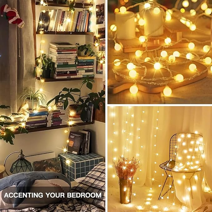 suddus Globe String Lights Bedroom, 100 Led Fairy Lights Plug in, Indoor String Lights for Christmas, Classroom, Backyard, Patio, Garden, Party, Wall, Living Room, Warm White