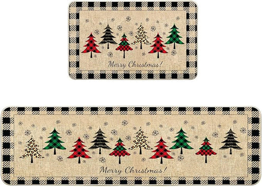 VAKADO Christmas Buffalo Plaid Door Mat (2-Pieces) Stain and Fade Resistant Non-Slip Rubber Backing Entrance Rug Easy to Clean for Kitchen Door Front Doormat (17x29 Inch,17x47 Inch)