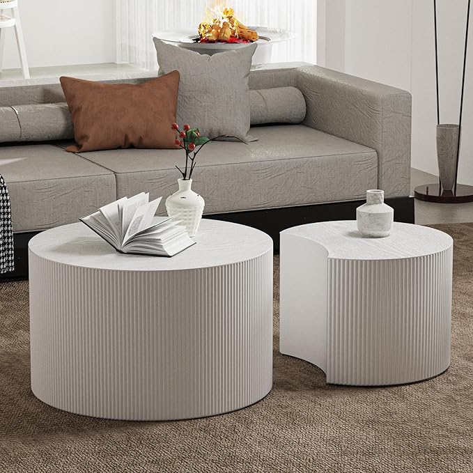 Nesting Coffee Table Set of 2 Modern Round Coffee Table with Non-Slip Feet Wood Drum Circle Accent Tables End Table Set for Living Room Bedroom Office (White Crescent Set)