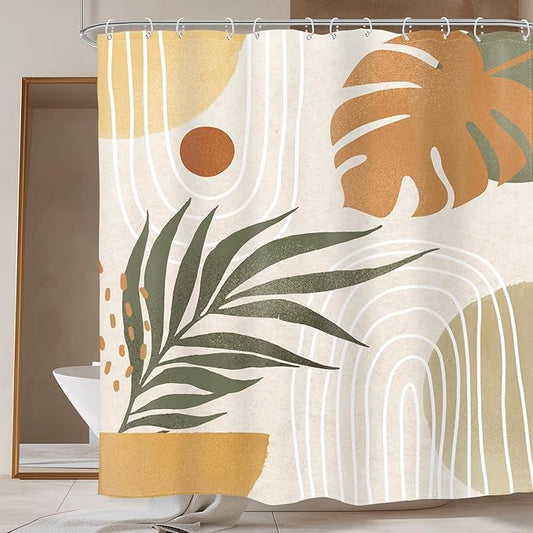 Glawry Beige Green Boho Shower Curtain Mid Century Abstract Plant Tropical Palm Leaf Modern Minimalist Bathroom Arch Geometric 72Wx72L Inches Bath Accessories Art Home Decor Fabric 12 Pack Hook