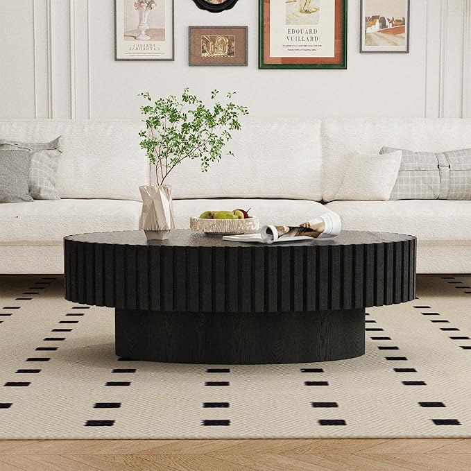Modern Wood Coffee Table - Handcraft Drum Coffee Tables with Sturdy Base, Easy Assembly, Contemporary Style Small Coffee Table Tea Table for Living Room, Bedroom, Office (Black Oval)