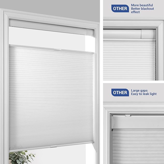 No Drill No Tools Cellular Shades Top Down Bottom Up Blackout Blinds for Windows Cordless Honeycomb Window Shades Easy to Install for Home, Light Filtering-White, 32" W x 64" H