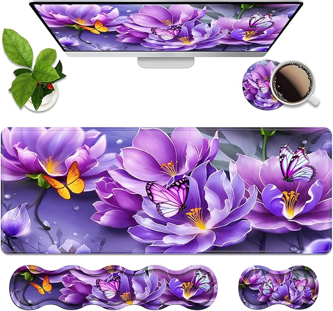 4 in 1 Ergonomic Memory Foam Mouse Pad Wrist Rest Set, Large XXL Gaming Desk Pad + Keyboard Wrist Rest + Mouse Wrist Cushion + Coaster for Home Office Study Gaming, Purple Flowers and Butterfly