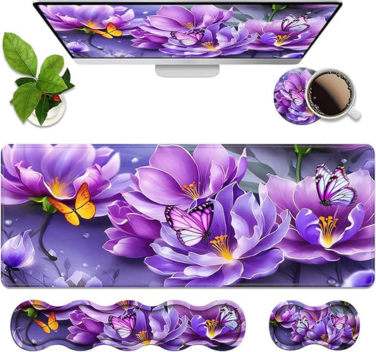 4 in 1 Ergonomic Memory Foam Mouse Pad Wrist Rest Set, Large XXL Gaming Desk Pad + Keyboard Wrist Rest + Mouse Wrist Cushion + Coaster for Home Office Study Gaming, Purple Flowers and Butterfly