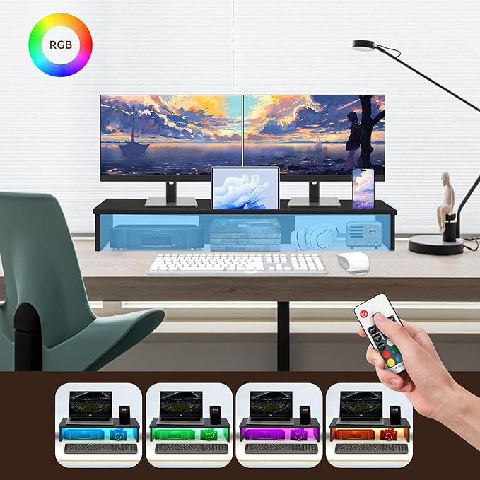 Dual Monitor Stand Riser with LED Lights and Phone Tablet Holder, 35.8in Large Monitor Stand for Desk, Computer Monitor Stand for 2 Monitors, Desktop Shelf Organizer for Laptop, Printer, TV