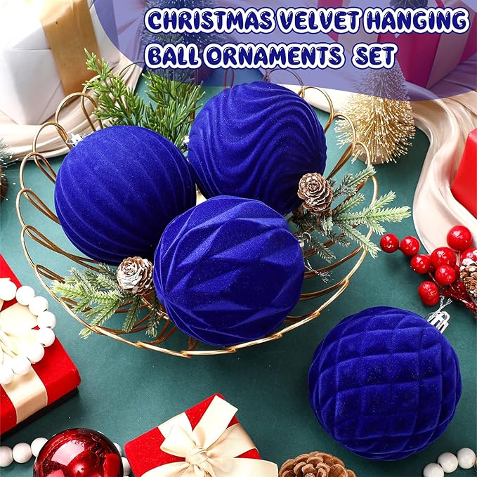 4 Pcs 4 Inch Large Velvet Christmas Ball Ornaments Vintage Christmas Plastic Ball Ornaments Flocked Tree Hanging Decoration for Xmas Party Wedding Home Decor(Deep Blue)