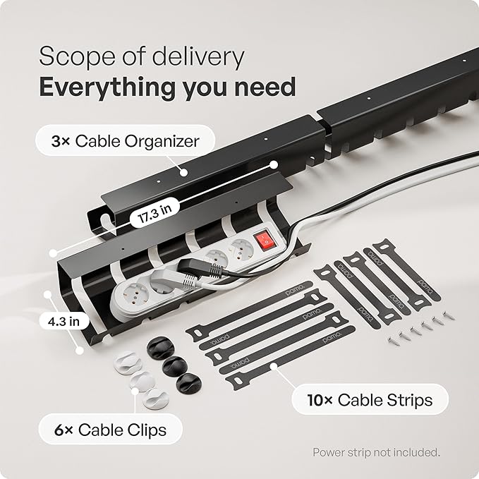 PAMO Cable Management Under Desk for Easy mounting Under-Table I Set of 3 - with 10X Cable Ties I Desk Organizer for Office/Home Office Table Thoughtful Cable Tray Holder