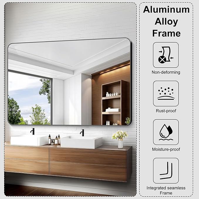 KOCUUY Black Bathroom Mirror 60"x40", Large Vanity Mirror with Rounded Corner, Metal Black Frame with Mordern Design for Bathroom, Living Room, Entryway, Hang Horizontal/Vertical
