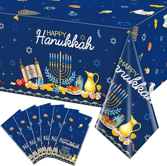 6 Pack Happy Hanukkah Plastic Jewish Tablecloth, Rectangular 58x104 Inch - Chanukah Festival Cover & Backdrop for Hanukkah Party Supplies