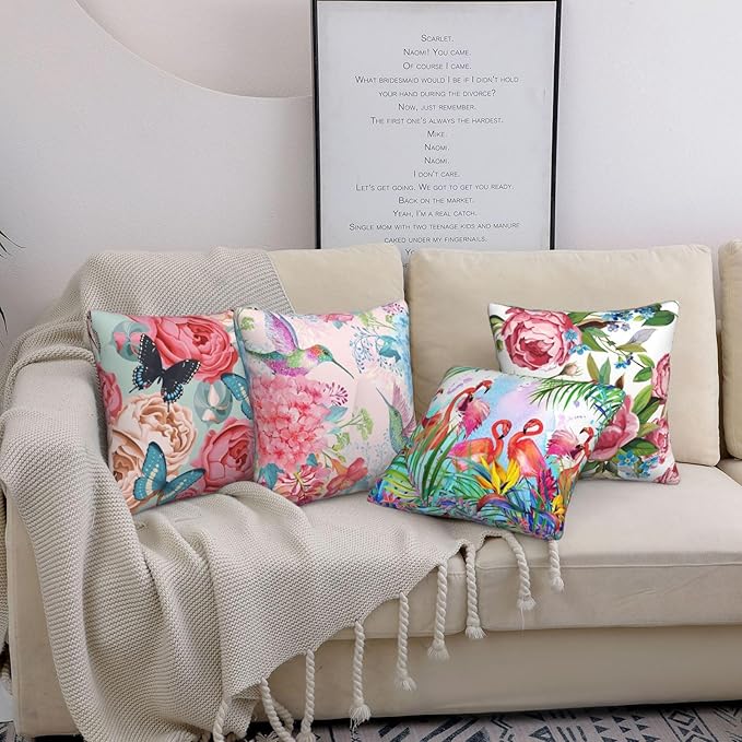 Tropical Flamingos and Pink Flower Throw Pillow Covers Set of 4 18x18 Inches Butterfly Floral Peonies Decorative Pillow Cases Home Decor Colorful Pillowcases