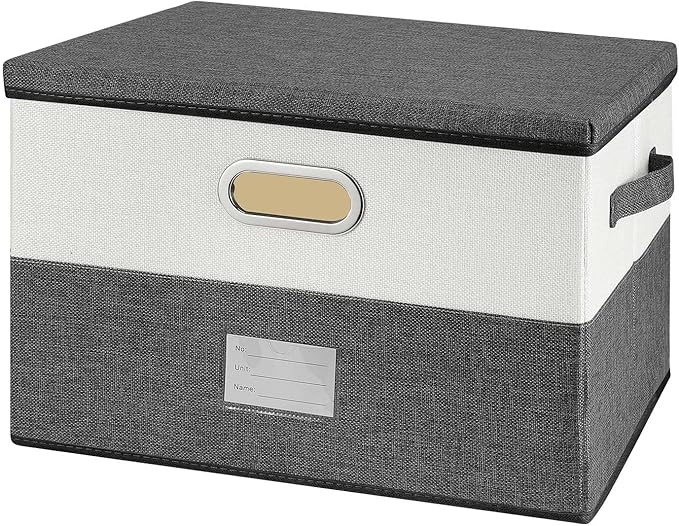 Large Linen Fabric Foldable Storage Bins with Removable Lid and Handles, Washable Storage Box Organizer Containers Baskets Cube with Cover for Bedroom,Closet,Office,Nursery(Grey&Cream, Medium)