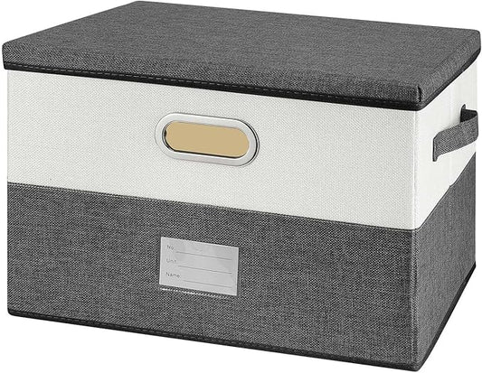 Large Linen Fabric Foldable Storage Bins with Removable Lid and Handles, Washable Storage Box Organizer Containers Baskets Cube with Cover for Bedroom,Closet,Office,Nursery(Grey&Cream, Medium)