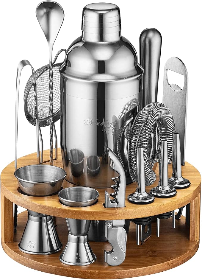 Mixology & Craft Bartender Kit – 15-Piece Cocktail Shaker Set with Bar Tools, Premium Stainless Steel Drink Mixer Accessories for Home Bar, Includes Bamboo Stand, Plus Exclusive Recipe Cards (Silver)