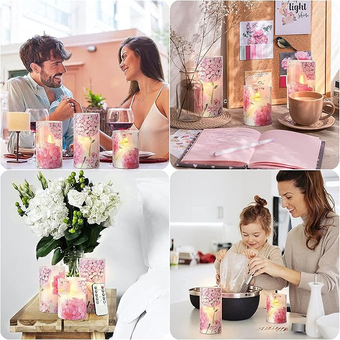 Flameless Candles Flicker LED Flame-Simulated, Pink Hydrangea Love Theme Realistic Glass Candles with Remote Timer, Lady's Gift Home Decor Bedroom Dinner Table Ornament 3" x 4" 5" 6"